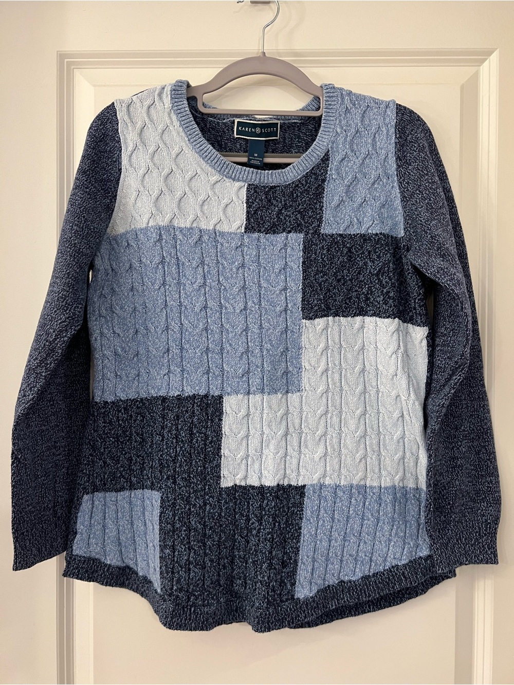 Karen Scott Patchwork Cable-Knit Crewneck Sweater - Blue/Light Blue/White